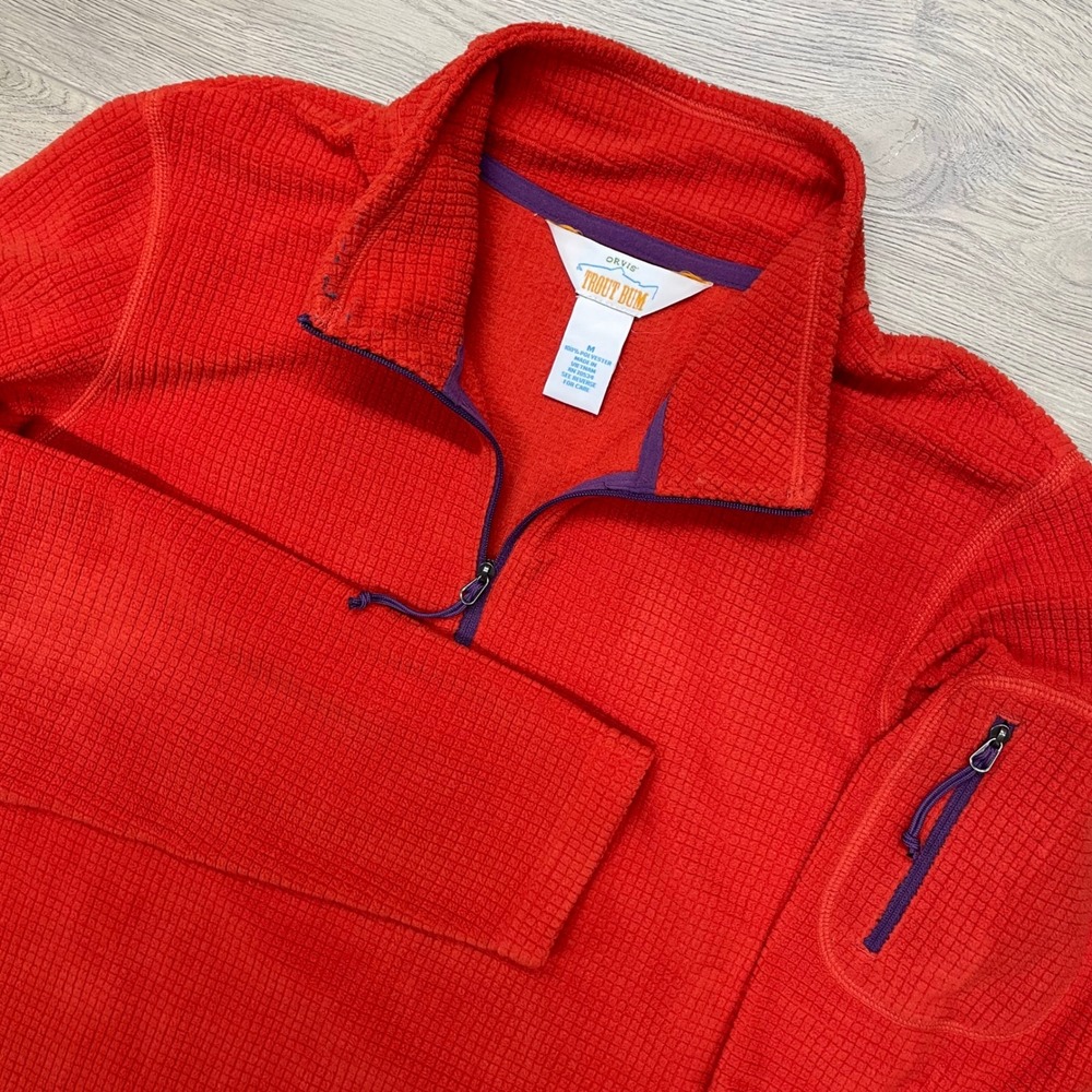 Orvis Trout Bum Pullover M Red Waffle Grid Fleece 1/4 Zip Pocket READ